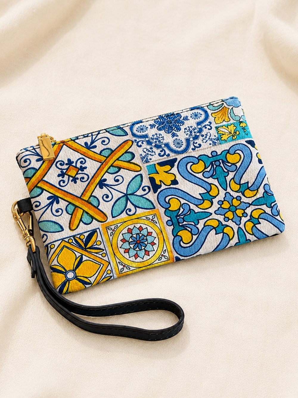 Italian Leather Tile-Print Wristlet Clutch - Blue & Yellow